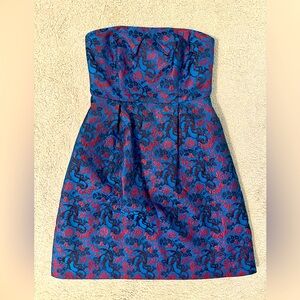 Strapless Boucle Blue & Red Cocktail Dress w/ Pockets, Size 4.
